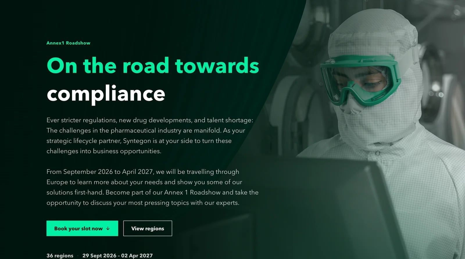 Home page of annex1roadshow.com on desktop: Annex1 Roadshow, On the road towards compliance