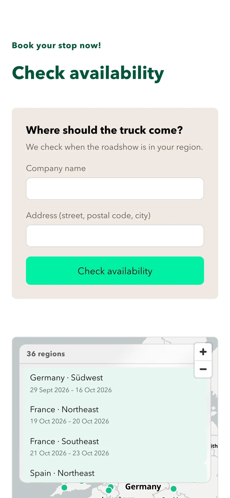 Booking on a phone: enter company and address, then check availability