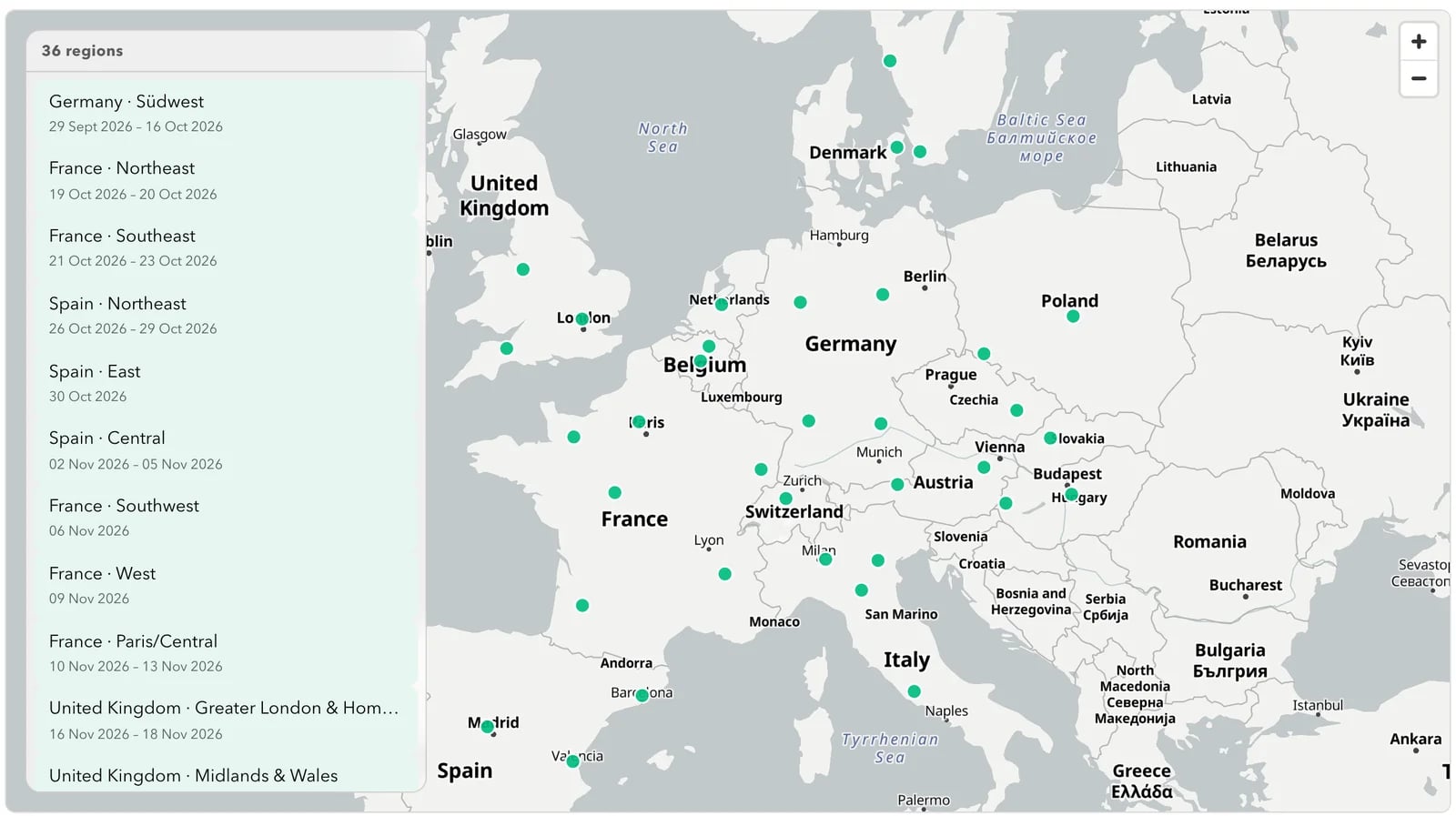 Map of Europe with the tour regions and their time windows